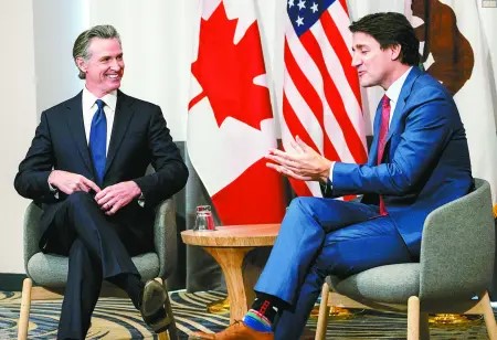 加州州长纽森与加拿大总理特鲁多进行私人会面。 美联社