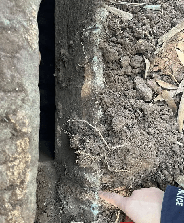 古墓石头上被撬开的痕迹。 封面新闻