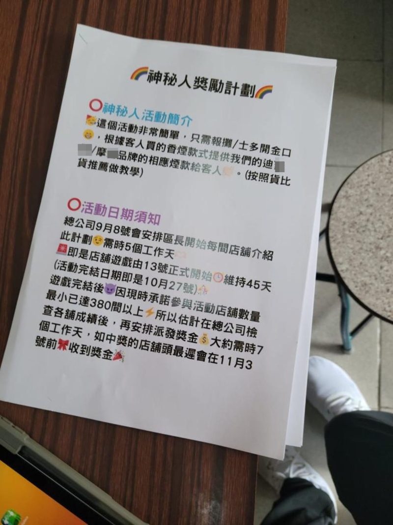 “白牌烟”“总代理”为拓展客源，通过分销商邀请各区商户参加“神秘人奖励计划”，要求商户游说客人购买其“白牌烟”，奖励是可获得更多入货配额。