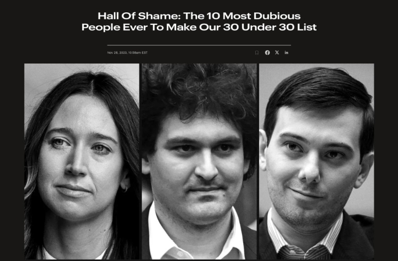 今年《福布斯》首次增设耻辱殿堂(Hall of Shame),当中最知名入选者,要数涉嫌欺诈客户的加密货币交易所FTX共同创办人Sam Bankman-Fried(绰号SBF、薯条哥)。 今年《福布斯》首次增设耻辱殿堂(Hall of Shame),当中最知名入选者,要数涉嫌欺诈客户的加密货币交易所FTX共同创办人Sam Bankman-Fried(绰号SBF、薯条哥)。