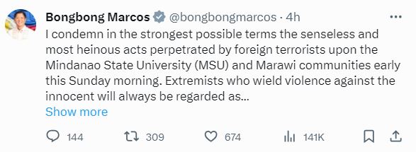 菲律宾总统小马可斯在平台“Ｘ”谴责事件的元凶。