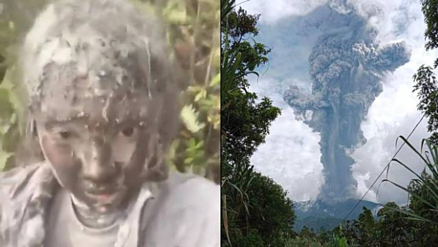 马拉皮火山爆发,登山客全身沾满火山灰。 马拉皮火山爆发,登山客全身沾满火山灰。