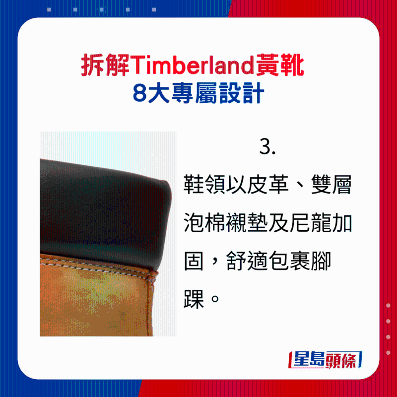 Timberland黄靴8大专属设计3.：鞋领以皮革、双层泡棉衬垫及尼龙加固，舒适包裹脚踝。