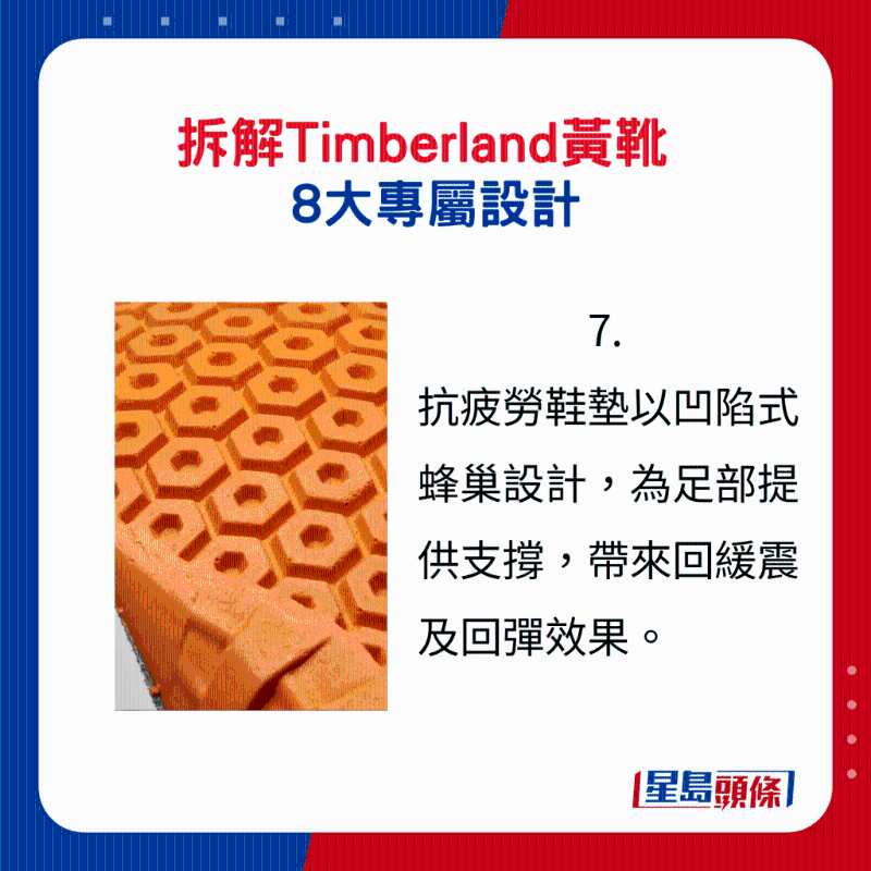 Timberland黄靴8大专属设计7.：抗疲劳鞋垫以凹陷式蜂巢设计，为足部提供支撑，带来回缓震及回弹效果。