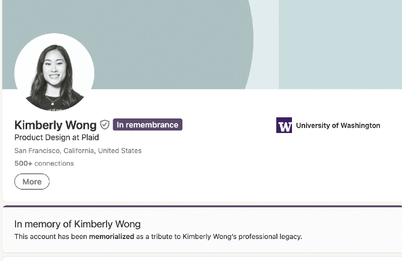 Kimberly Wong的Linkedin页面纪念她的职业生涯。LinkedIn截屏