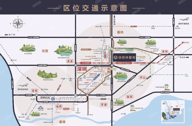 深房林馨苑为处大湾区惠州惠阳，有高铁接驳至深圳及香港。