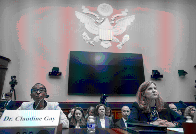 今月5日，玛吉尔与哈佛大学校长盖伊（左）出席众议院教育与人力事务委员会时，成为众矢之的。美联社