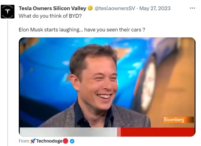 Tesla支持者去年发文引用当年耻笑比亚迪，问马斯克如何看这家公司。