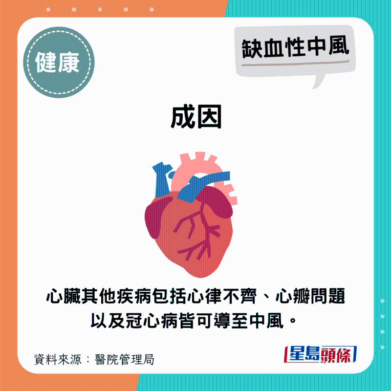 心脏其他疾病包括心律不齐、心瓣问题以及冠心病皆可导至中风。