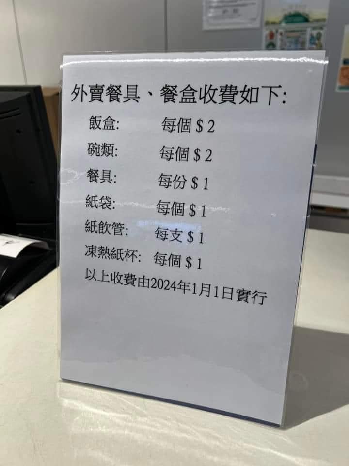 早前网上流传一张照片，相内见到外卖餐具、餐合的收费：饭盒每个2元，碗类每个2元，餐具每份1元，纸袋每个1元，纸饮管支1元，冻热纸杯每个1元。 网络图片