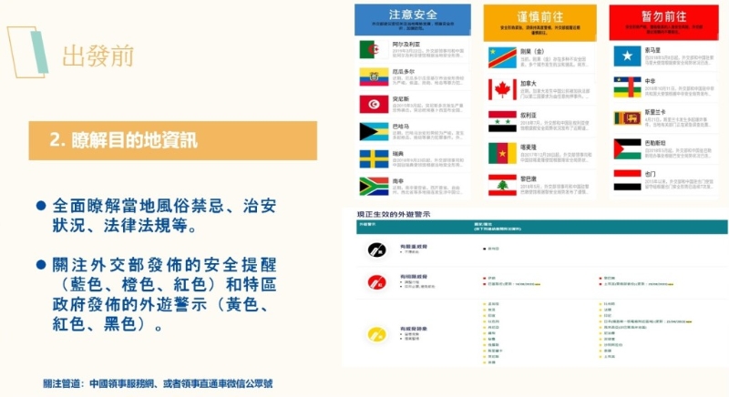 出游前小贴士。 （中国外交部驻港特派员公署PowerPoint）