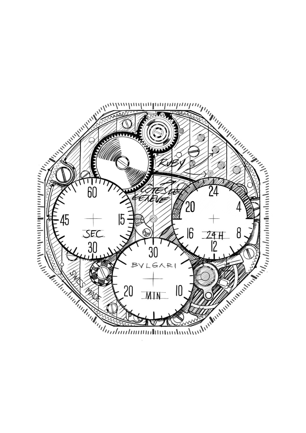 Octo Finissimo Chrongraph GMT版本则绘画了3个计时小盘的刻度，保留腕表计时功能的清晰度