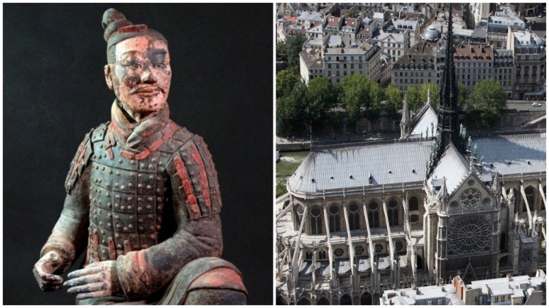 秦兵马俑和巴黎圣母院均是世界著名文物古迹