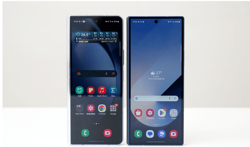 Galaxy Z Fold6(右)边角位较Galaxy Z Fold5(左)方正,边框更对称 Galaxy Z Fold6(右)边角位较Galaxy Z Fold5(左)方正,边框更对称