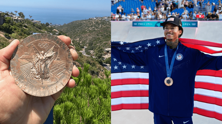 美国滑板选手休斯顿的奖牌,一周后已涂漆剥落。左图:Instagram@nyjah,右图:美联社 美国滑板选手休斯顿的奖牌,一周后已涂漆剥落。左图:Instagram@nyjah,右图:美联社