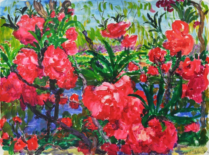 周春芽《千叶桃花胜白花》。(致谢艺术家与华氏书廊 & Humarish Club ) 周春芽《千叶桃花胜白花》。(致谢艺术家与华氏书廊 & Humarish Club )