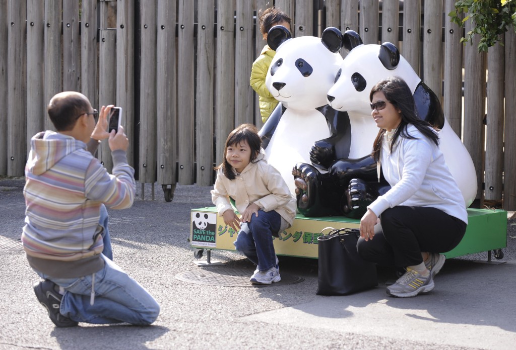 游客大熊猫模型合影 游客大熊猫模型合影