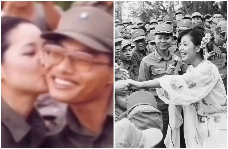 邓丽君1981年到小金门(烈屿)劳军时,大方亲吻一名少尉军官。中时资料照 邓丽君1981年到小金门(烈屿)劳军时,大方亲吻一名少尉军官。中时资料照