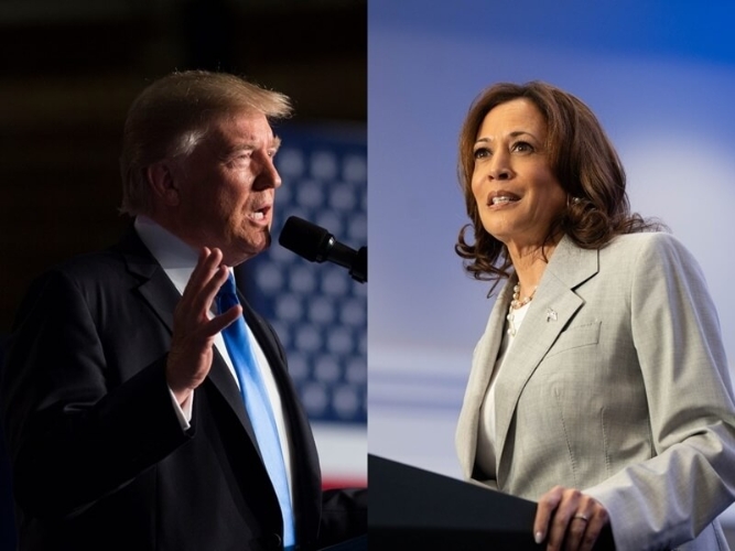 美国共和党总统候选人特朗普(左)、民主党总统候选人哈里斯(右)。 美国共和党总统候选人特朗普(左)、民主党总统候选人哈里斯(右)。