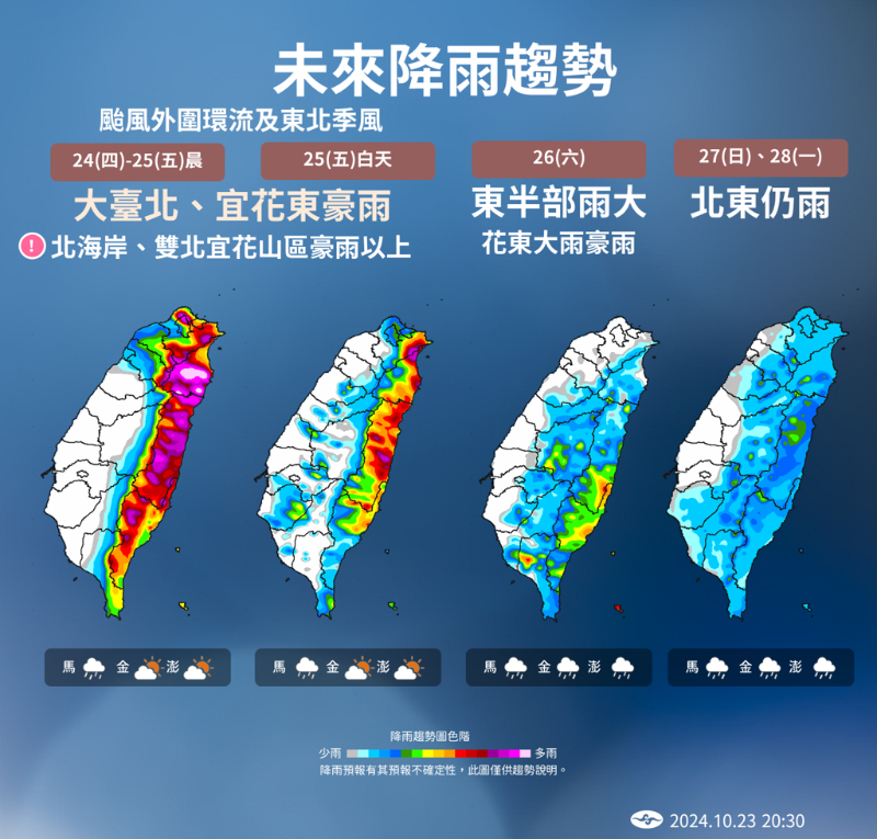 今、明两天北部及东半部留意剧烈降雨,未来一周天气仍不稳定。(中央气象署提供) 今、明两天北部及东半部留意剧烈降雨,未来一周天气仍不稳定。(中央气象署提供)