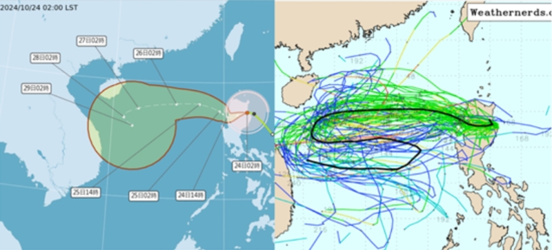 气象署潜势预测图(左)显示,明天潭美中心通过吕宋岛进入南海,27日至29日移速减慢,不确定范围明显扩大。最新欧洲模式系集模拟图(右)显示,各别模拟路径则近乎「麻花状」的分布。(翻摄气象推广基金会) 气象署潜势预测图(左)显示,明天潭美中心通过吕宋岛进入南海,27日至29日移速减慢,不确定范围明显扩大。最新欧洲模式系集模拟图(右)显示,各别模拟路径则近乎「麻花状」的分布。(翻摄气象推广基金会)