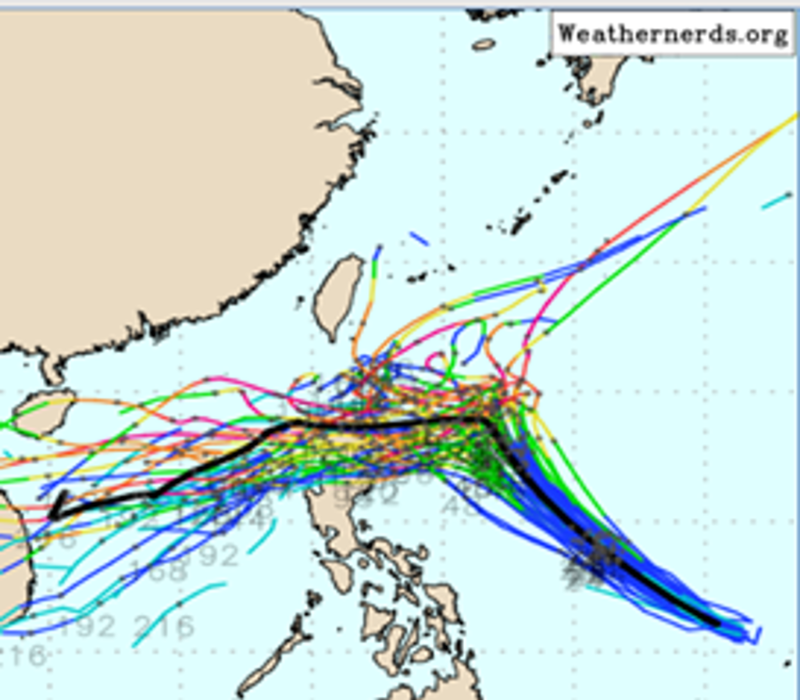 最新(3日20时欧洲(ECMWF)系集模式模拟显示,银杏3天后、个别模拟路径大致分成两股,主要一股转向西行,穿过吕宋岛附近、进入南海,另一小股则向东北回转;其系集平均路径(粗黑线)为通过吕宋岛北部、进入南海。(翻摄自泄天机教室) 最新(3日20时欧洲(ECMWF)系集模式模拟显示,银杏3天后、个别模拟路径大致分成两股,主要一股转向西行,穿过吕宋岛附近、进入南海,另一小股则向东北回转;其系集平均路径(粗黑线)为通过吕宋岛北部、进入南海。(翻摄自泄天机教室)