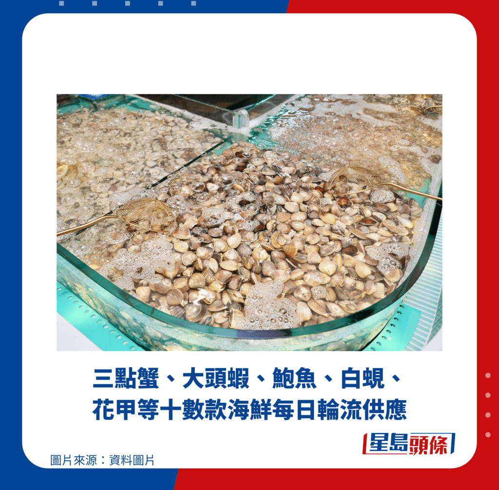 三点蟹、大头虾、鲍鱼、白蚬、花甲等十数款海鲜每日轮流供应 三点蟹、大头虾、鲍鱼、白蚬、花甲等十数款海鲜每日轮流供应