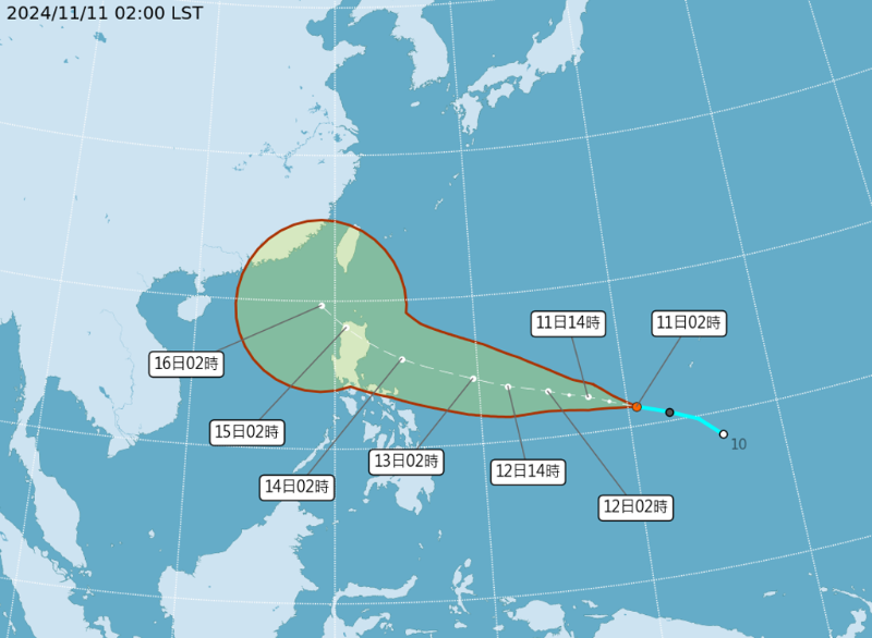 未来天兔台风周四抵达吕宋岛时可能北转,影响台湾。(翻摄自气象署) 未来天兔台风周四抵达吕宋岛时可能北转,影响台湾。(翻摄自气象署)