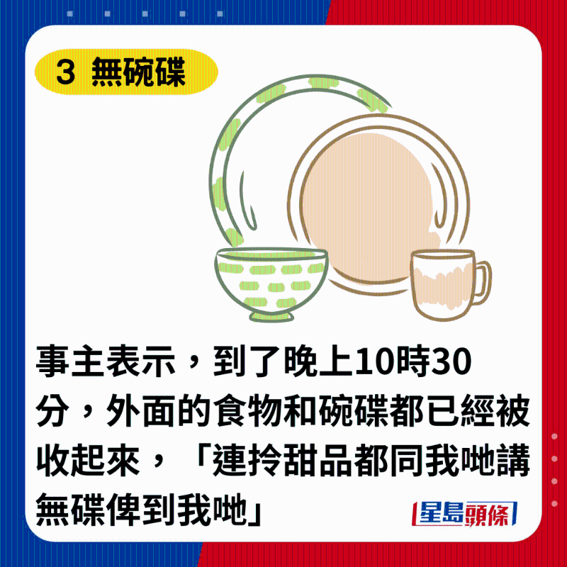 事主表示,到了晚上10时30分,外面的食物和碗碟都已经被收起来,「连拎甜品都同我哋讲无碟俾到我哋」 事主表示,到了晚上10时30分,外面的食物和碗碟都已经被收起来,「连拎甜品都同我哋讲无碟俾到我哋」