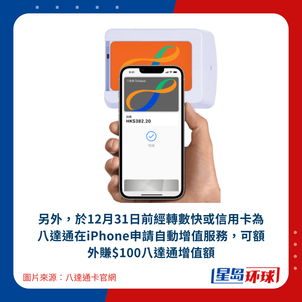 另外,于12月31日前经转数快或信用卡为八达通在iPhone申请自动增值服务,可额外赚$100八达通增值额 另外,于12月31日前经转数快或信用卡为八达通在iPhone申请自动增值服务,可额外赚$100八达通增值额