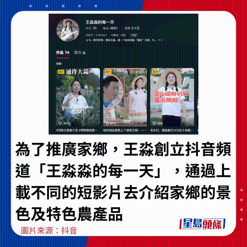 为了推广家乡,王淼创立抖音频道“王淼淼的每一天”,通过上载不同的短影片去介绍家乡的景色及特色农产品 为了推广家乡,王淼创立抖音频道“王淼淼的每一天”,通过上载不同的短影片去介绍家乡的景色及特色农产品