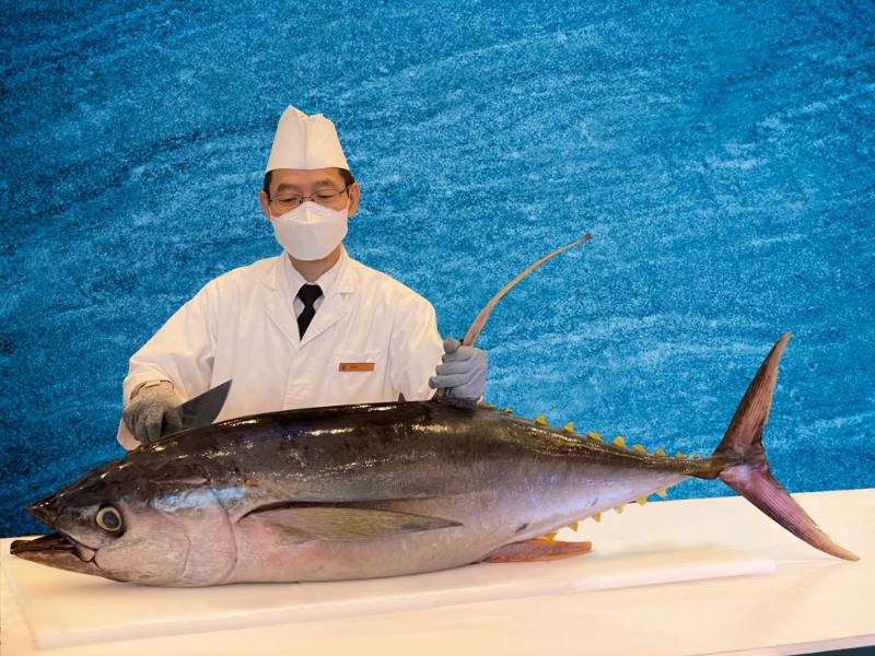 厨师于席前完美展示原条黄鳍吞拿鱼的解体表演