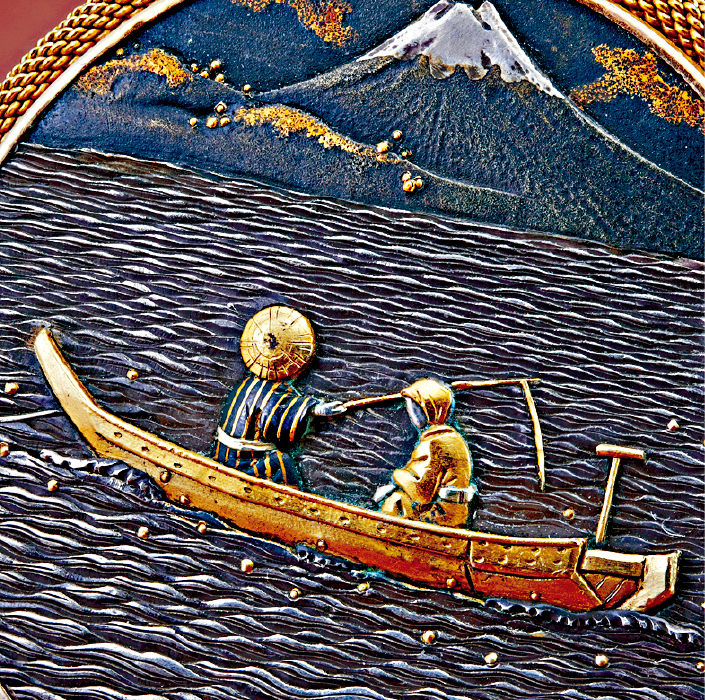 富士山前的小船上的人在钓鱼 富士山前的小船上的人在钓鱼