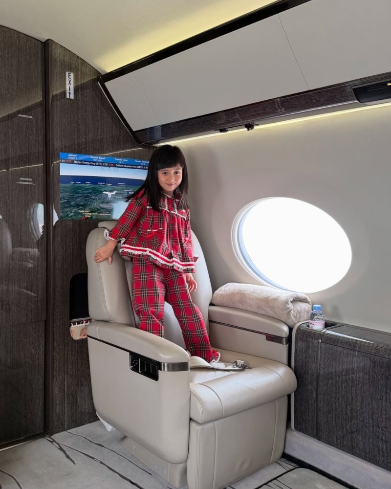 女儿在私人飞机上企上座椅。 女儿在私人飞机上企上座椅。