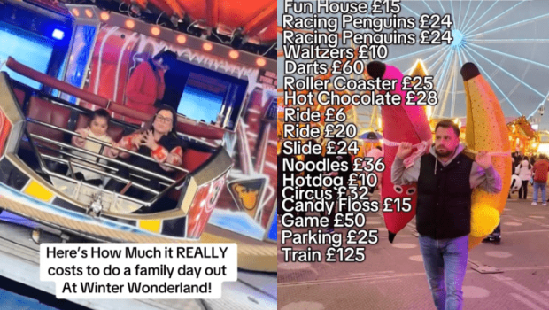 英国一名男子到圣诞嘉年华游览,一家五口共花了近800英镑,批评收费昂贵。图片来源:Tiktok @ dapperlaughs 英国一名男子到圣诞嘉年华游览,一家五口共花了近800英镑,批评收费昂贵。图片来源:Tiktok @ dapperlaughs