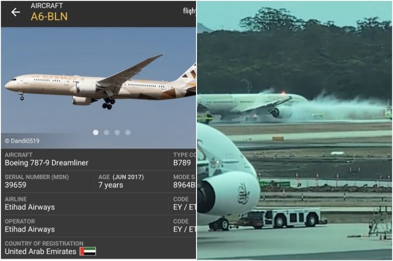 阿联酋阿提哈德航空（Etihad Airways）一架波音787起落架冒烟，当场爆胎。