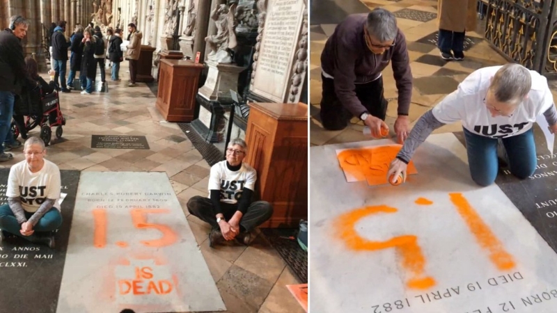 “停止石油”示威者涂污达尔文墓碑，抗议全球气温升破1.5°C。