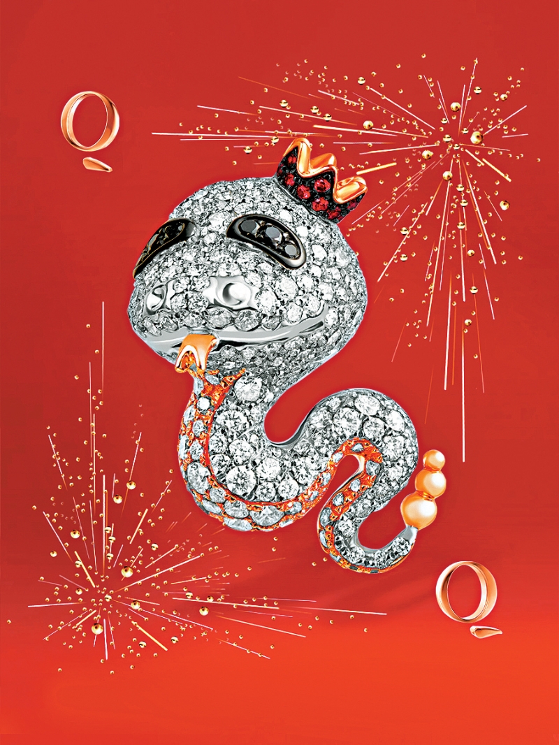 镶钻石Snake BoBo吊坠头上的皇冠镶嵌13颗红宝石,配以黑钻熊猫眼,卡通化蛇造型甚是可爱$86,000。(Qeelin) 镶钻石Snake BoBo吊坠头上的皇冠镶嵌13颗红宝石,配以黑钻熊猫眼,卡通化蛇造型甚是可爱$86,000。(Qeelin)