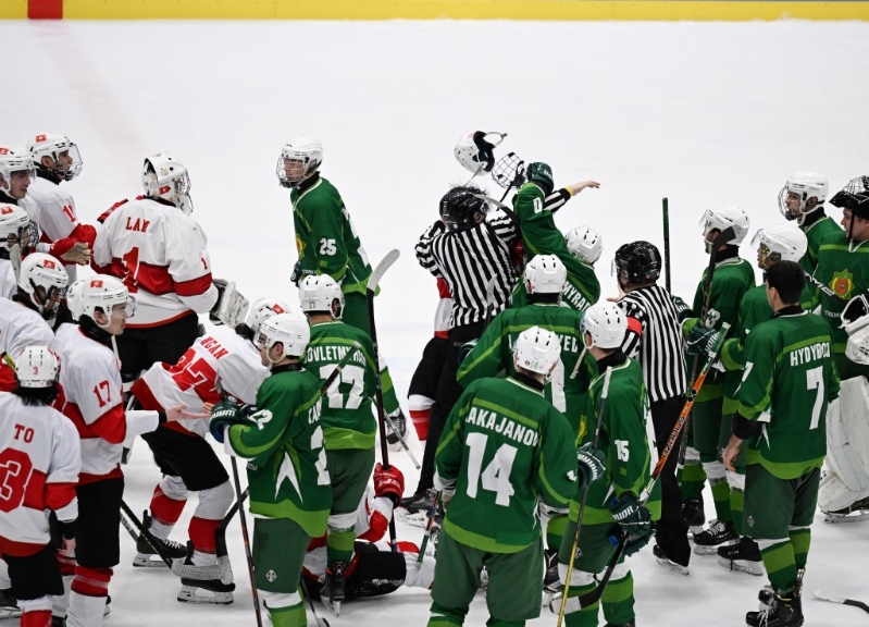 香港冰球队在亚冬会比赛中与土库曼斯坦队（绿衣）爆肢体冲突。 新华社记者 李紫恒 摄