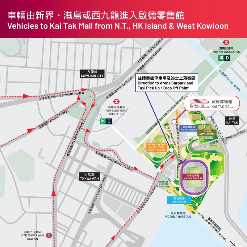 车辆由新界、港岛或西九龙进入启德零售馆