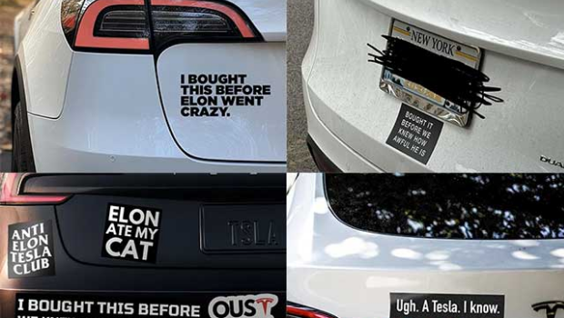 车主在车上贴上反马斯克的贴纸,以“表明心迹”。 车主在车上贴上反马斯克的贴纸,以“表明心迹”。