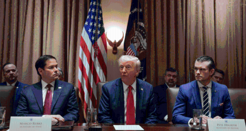 美国总统特朗普及国务卿鲁比奥、国防部长赫格塞斯。美联社