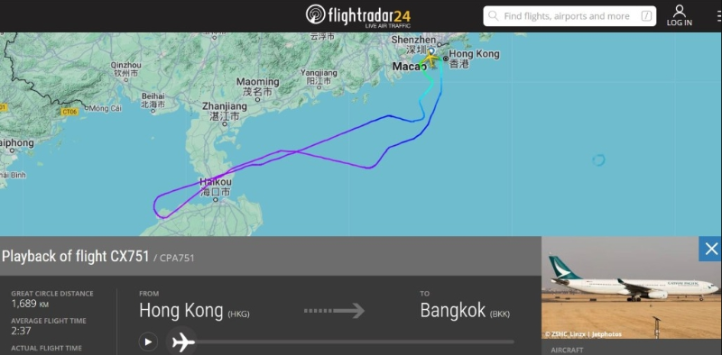 国泰CX751往曼谷航班折返香港。 Flightradar24截图