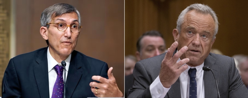 美国FDA首席疫苗专家马克斯博士（左），因批评卫服部长肯尼迪（右），“持续散布对疫苗的错误、撒谎”，被迫自请辞职。美联社