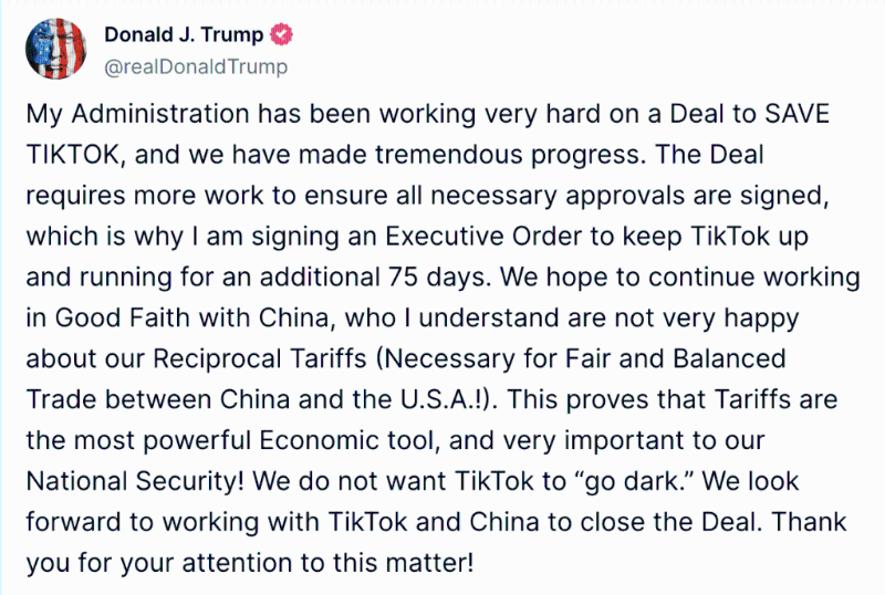 美国总统特朗普在其社交平台发文，称将签署行政命令让字节跳动旗下短片分享平台TikTok再运行75天。