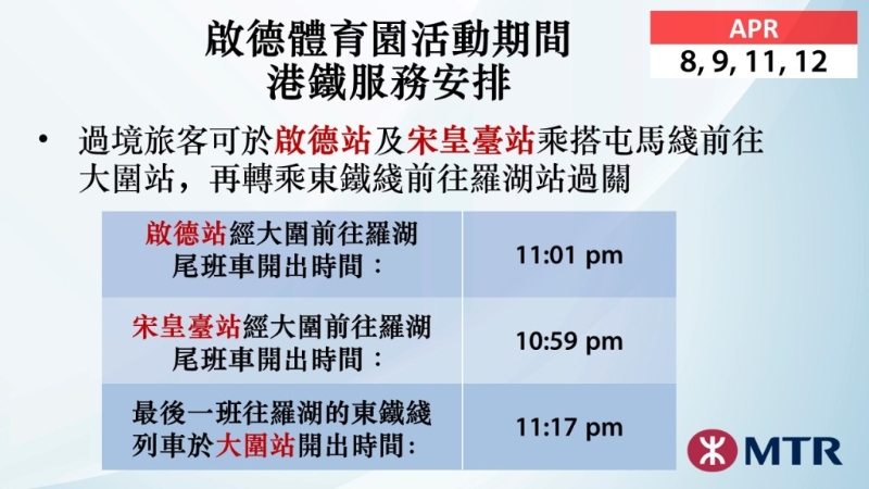 启德体育园活动期间，港铁服务安排。港铁图片1