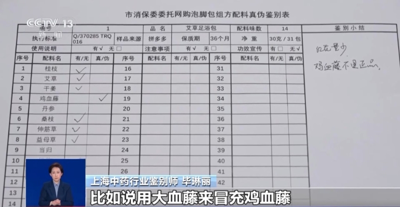 报道指出，有样本使用大血藤冒充鸡血藤，或将普通红花染色假装藏红花（图片来源：央视新闻）