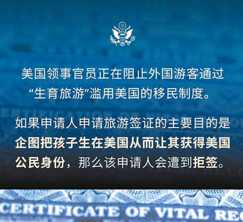 美国驻华使领馆透过社交平台强调,领事官员正加强阻止外国旅客透过“生育旅游”规避美国移民制度。 美国驻华使领馆透过社交平台强调,领事官员正加强阻止外国旅客透过“生育旅游”规避美国移民制度。