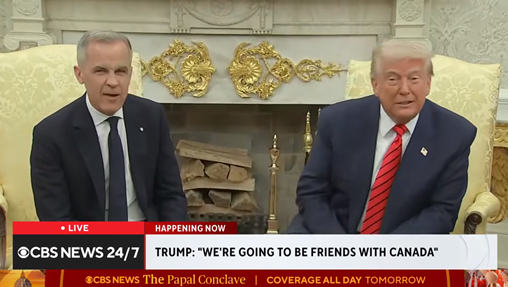 当地时间5月6日,在特朗普说“永远不要说永远”后,一旁的卡尼立即连说五遍“永远”。图源:美媒视频截图 当地时间5月6日,在特朗普说“永远不要说永远”后,一旁的卡尼立即连说五遍“永远”。图源:美媒视频截图