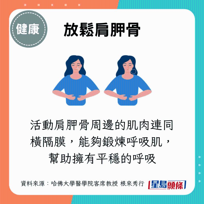 放松肩胛骨:活动肩胛骨周边的肌肉连同横隔膜,能够锻炼呼吸肌,帮助拥有平稳的呼吸